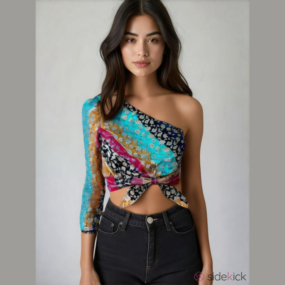 DO+BE Top Bubble Hem Floral Y2K Off Shoulder Long Sleeve Bow Detail Boho Crop
